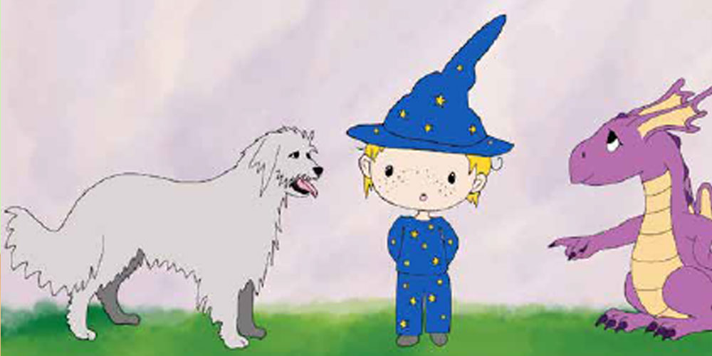 Illustration: Kleiner Drache mit Zauberer und Hund.
