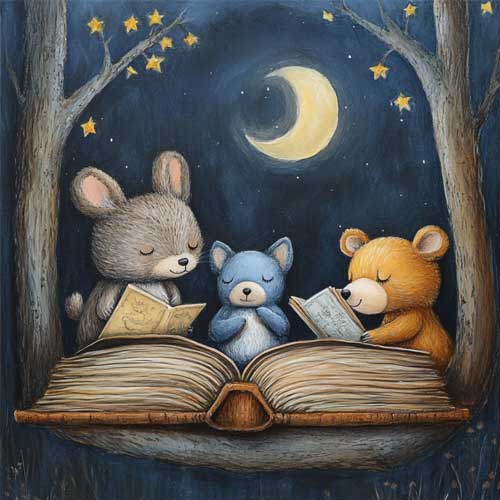 Plüschtiere lesen in Kinderbuch