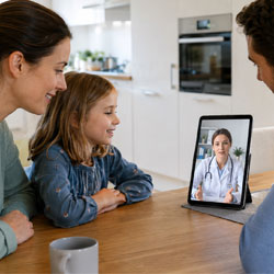 Eltern mit Kind in einem virtuellen Arztgespräch über ein Tablet.